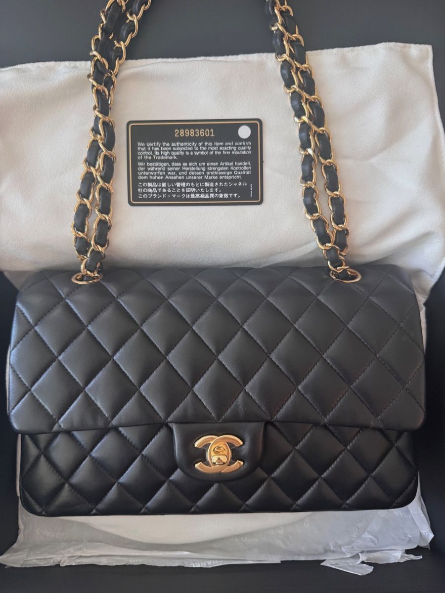 Chanel medium timeless double flap black lambskin 28 series