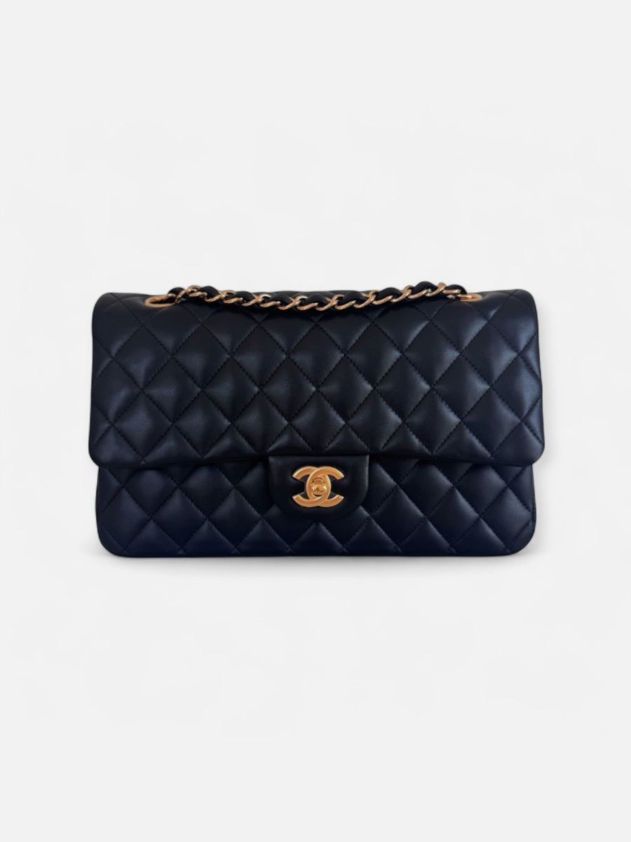Chanel medium timeless double flap black lambskin 28 series