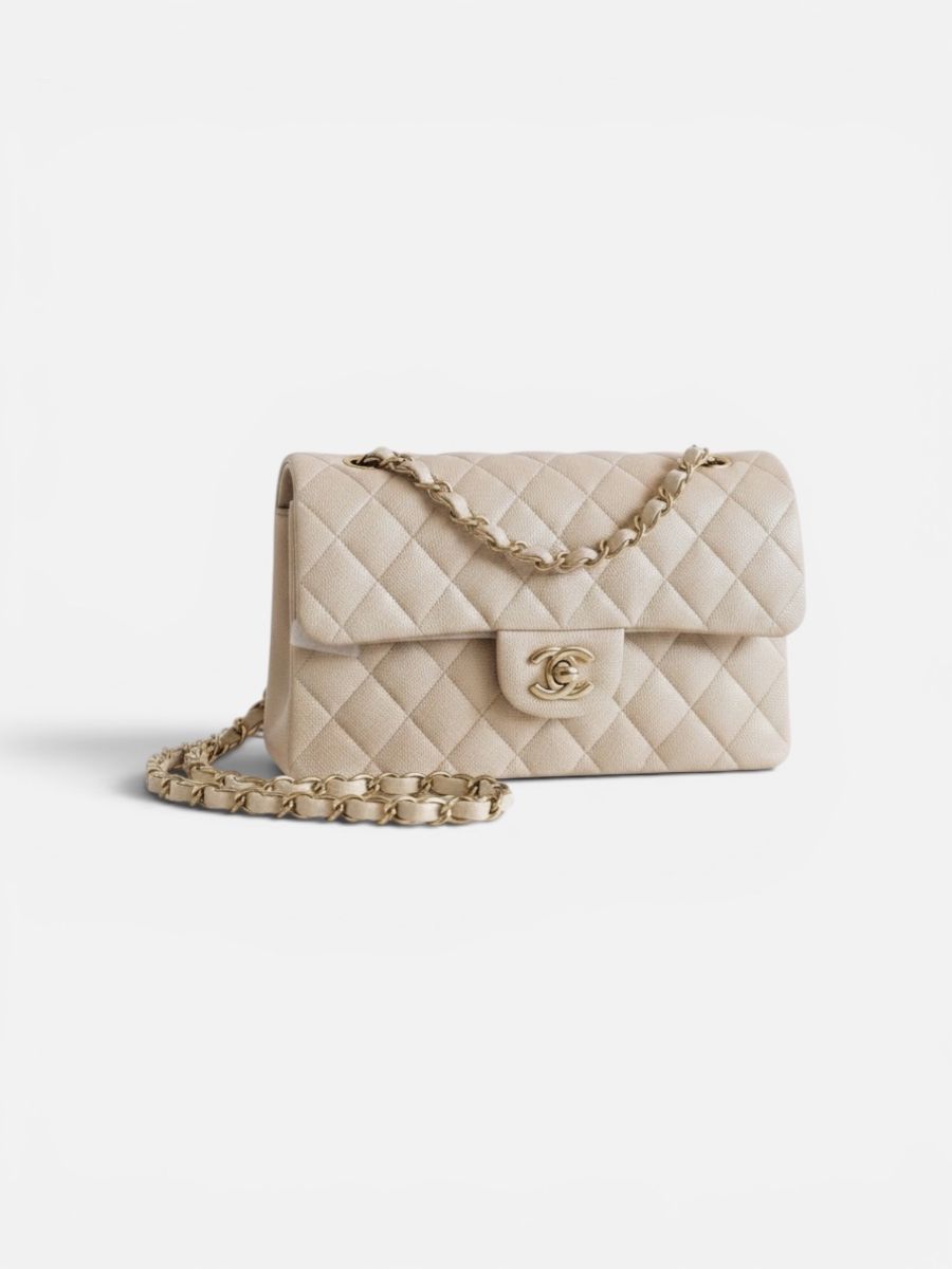 Chanel small caviar light beige ghw micro chip