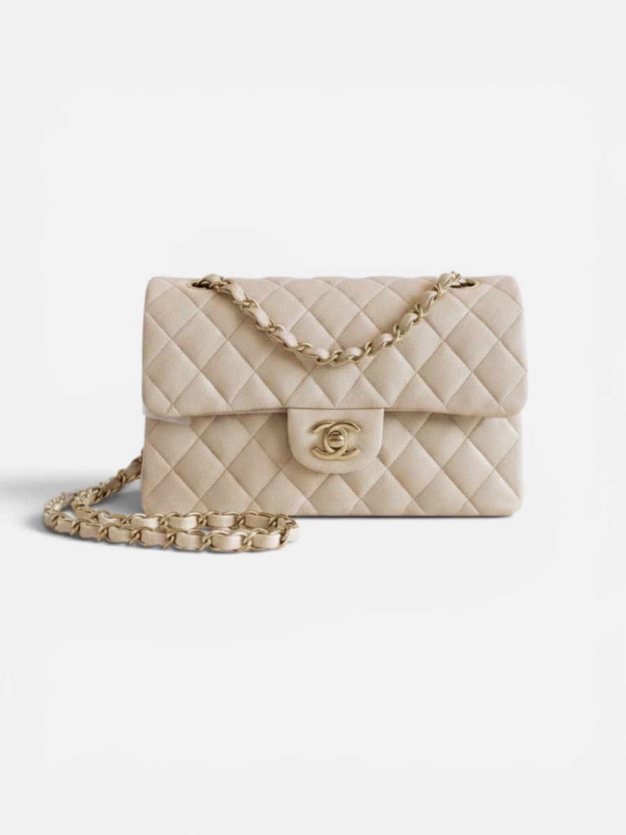 Chanel small caviar light beige ghw micro chip
